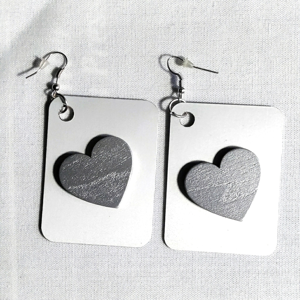 NEW Handcrafted Aluminum & Wood Earrings! 2.5" Rectangles w/ Wooden Hearts.